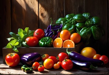 colorful vibrant arrangement fresh ingredients rustic wooden surface showcasing bright produce natural textures, vegetables, fruits, herbs, spices