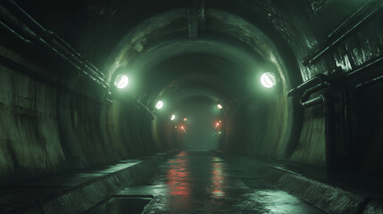 Nowoczesny tunel oświetlony wielokolorowymi światłami, które wzdłuż ścian tworzą efekt wizualnej głębi.