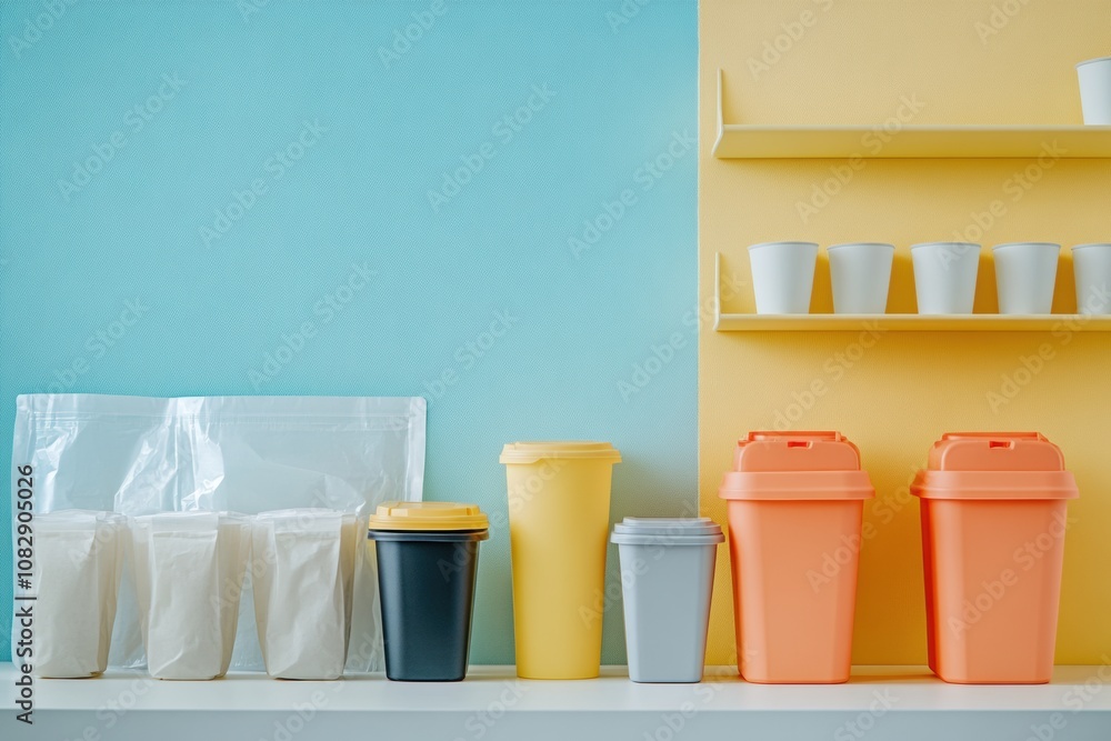 Poster A collection of reusable containers is lined up against a colorful backdrop, contrasted by single-use plastic bags and cups. Generative AI