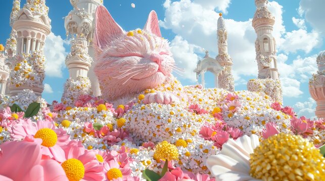 Whimsical 3D Render: Giant Cat Statue on Rooftop with Colorful Ceramic Tiles and Blooming Flowers