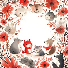 Watercolor Illustration of Adorable Woodland Creatures Surrounded by Flowers