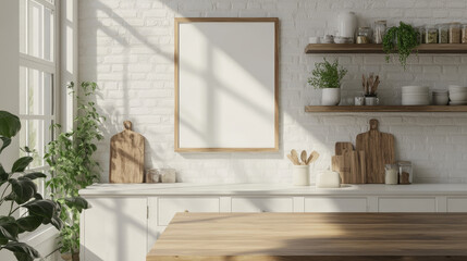 "Stock photo of a blank picture frame placed in a kitchen setting."






