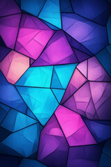 An abstract geometric pattern with stained glass-style shapes in vibrant shades of purple, pink, and blue, creating a modern, colorful mosaic effect