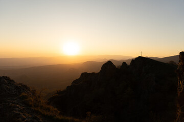 Autumn landscape of Georgia mountains in the evening after sunset