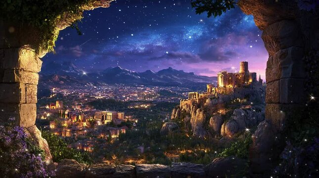 Medieval village glowing at night as seen from an old castle window  
Seamless looping 4k time-lapse virtual video animation Generated AI