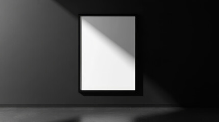 "Stock photo of a mockup poster frame in a minimalist interior with a dark wall background."






