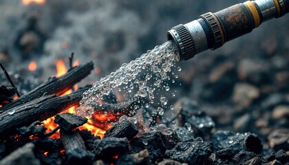 Firefighting Hose Nozzle on Smoldering Debris