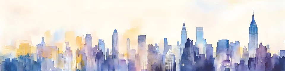 skyline of big city with skyscrapers like new york, watercolor painting, soft pastel colors, panorama of megapolis, sunset travel wallpaper, urban landscape banner, midtown background