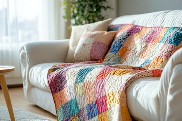 home decor trend, a patchwork quilt covers a white sofa in a sunny, airy room