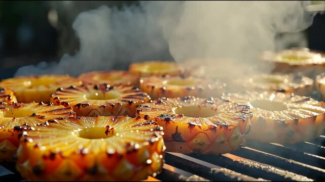 Grilled pineapple slices with caramelized edges, steam rising as the natural sugars release, surrounded by a cloud of smoke that adds a tropical, smoky flavor