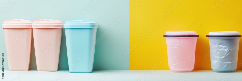 Poster colorful reusable containers contrast sharply with single-use plastic bags and cups, emphasizing the