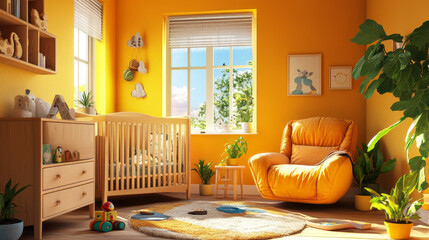 "Stock photo of a modern baby room interior featuring a messy crib, cabinet, armchair, toys, and plants."







