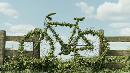 Fototapeta premium Enchanting 3D Render of Intricate Vine Bicycle Statue in Countryside Charm