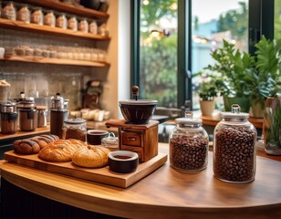 Fototapeta premium Artisan Coffee Bar Display Featuring Freshly Ground Coffee Beans, Gluten-Free Baked Goods, and Organic Condiments for a Sophisticated and Cozy Home Cafe Experience