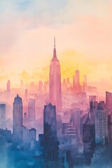 Fototapeta premium skyline of big city with skyscrapers like new york, watercolor painting, soft pastel colors, panorama of megapolis, sunset travel wallpaper, urban landscape banner, midtown background