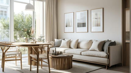 "Stock photo of a Scandinavian-style beige living room and dining room featuring a sofa and an empty mock-up picture frame."






