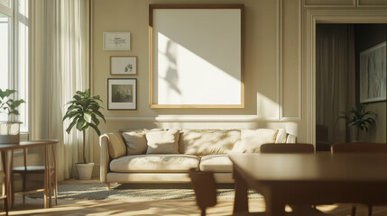 "Stock photo of a Scandinavian-style beige living room and dining room featuring a sofa and an empty mock-up picture frame."






