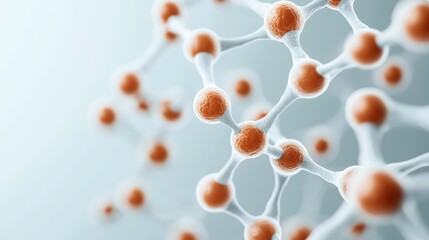 Close-up view of an abstract molecular structure with interconnected orange and white spheres against a light blue background, representing scientific or technological concepts.