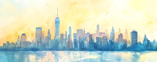 skyline of big city with skyscrapers like new york, watercolor painting, soft pastel colors, panorama of megapolis, sunset travel wallpaper, urban landscape banner, midtown background