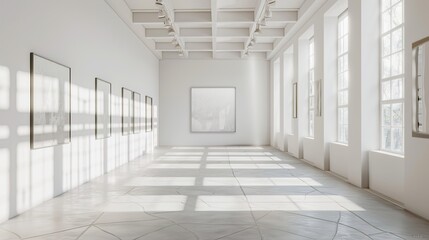 An art gallery space with minimalist decor, featuring framed abstract paintings on white walls, natural light streaming in from large windows, creating a serene and elegant ambiance.