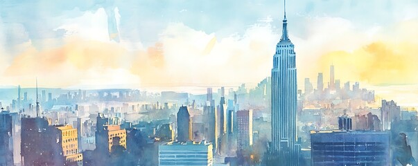skyline of big city with skyscrapers like new york, watercolor painting, soft pastel colors, panorama of megapolis, sunset travel wallpaper, urban landscape banner, midtown background