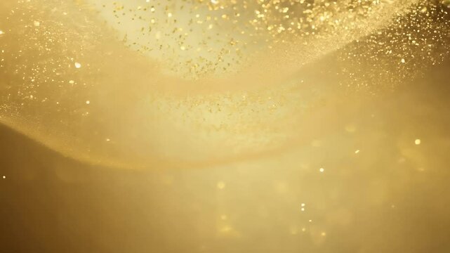 4K loop featuring shimmering golden particles floating air creating elegant sparkling gold dust effect dreamy bokeh backdrop