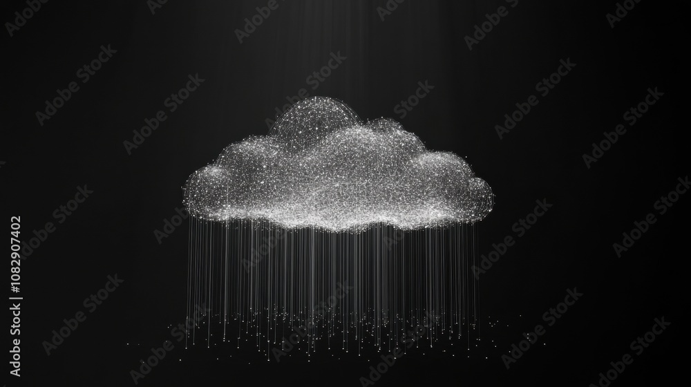Poster visual of a data cloud emitting thin lines representing data movement, set against a dark background