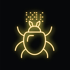 Bright yellow neon icon of a bug crawling and leaving a digital trail on a black background