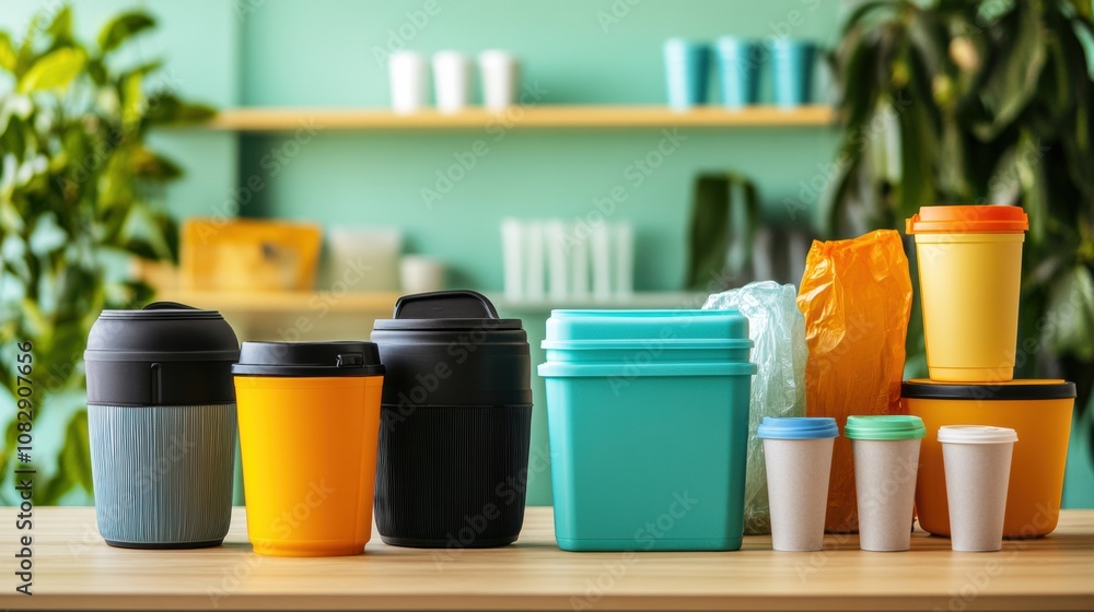 Aufkleber A display of reusable containers contrasts with an array of single-use plastic bags and cups, highlighting sustainability choices. Generative AI