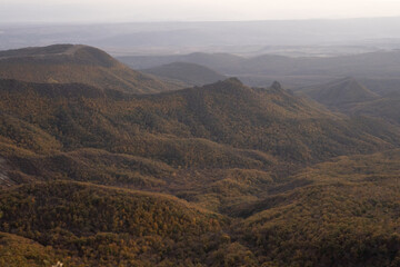 Autumn landscape of Georgia mountains in the evening after sunset