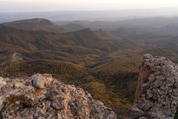 Fototapeta premium Autumn landscape of Georgia mountains in the evening after sunset