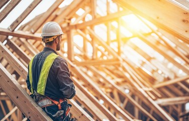 Construction worker inspecting wooden roof frame on building site