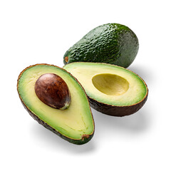 Delicious avocados cut in half showing their juicy interior, isolated with transparent background and shadow