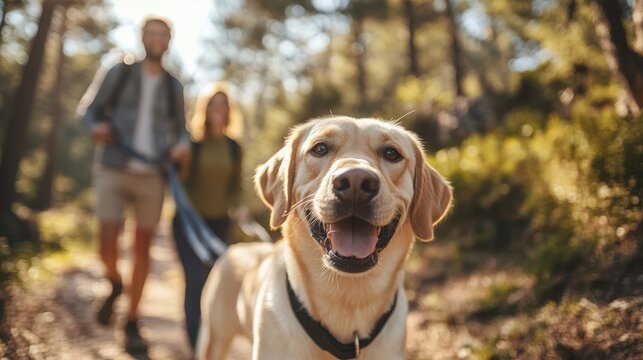Happy dog enjoying walk in nature with owners