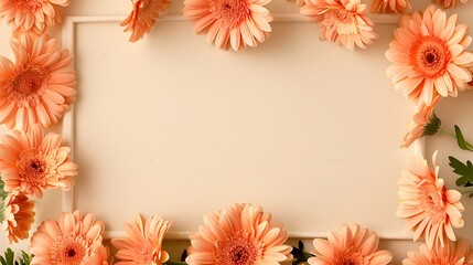 Obraz premium Framed Arrangement of Vibrant Orange Gerbera Daisies on a Soft Beige Background, Perfect for Nature, Rustic, and Floral-Themed Designs