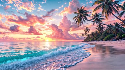 Tranquil Beach with Palm Trees, Colorful Sunset, and Gentle Waves