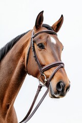 Obraz premium Chestnut horse wearing bridle posing against white background