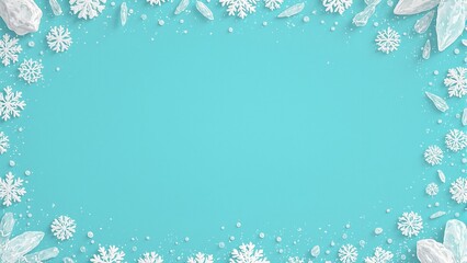 Winter themed teal background with snowflakes and icy crystals framing central empty space