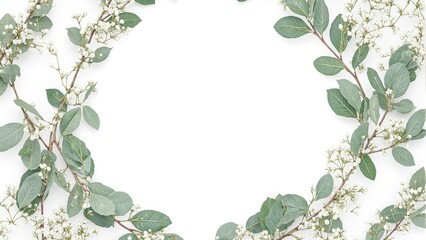 Obraz premium Tranquil white space framed by lush eucalyptus and babys breath