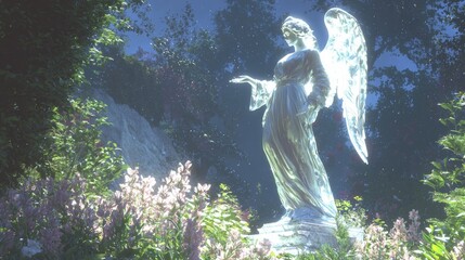 Tranquil Garden with Glowing Glass Angel Statue | Ultra-Detailed 3D Render of Serene Floral Scene