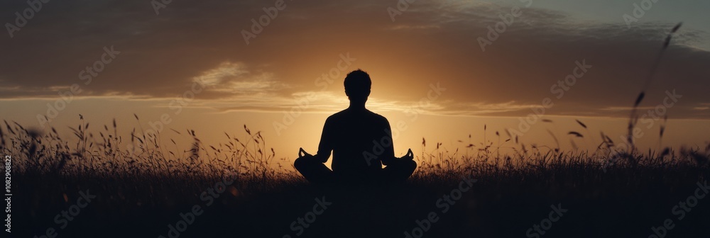 Poster A silhouette captures a person peacefully meditating as the sun sets, creating a serene atmosphere in an open field. Generative AI