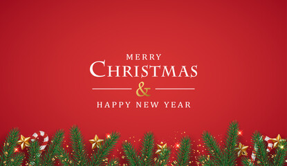 Christmas fir branches, gold decorations and confetti on a red background. Realistic 3D design.