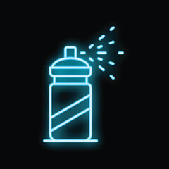 Blue neon spray paint can glowing on black background, concept of graffiti, street art, vandalism, creativity