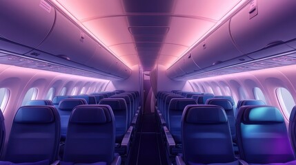Empty Airplane Cabin with Purple Lighting and Overhead Bins