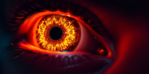 A captivating close-up of a human eye, with a vibrant iris displaying shades of fiery orange
