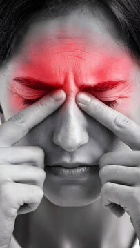 Close-Up of a Woman Pressing Fingers on Nasal Bridge, Indicating Sinus Pain or Headache with Red Highlight on Forehead and Eyes