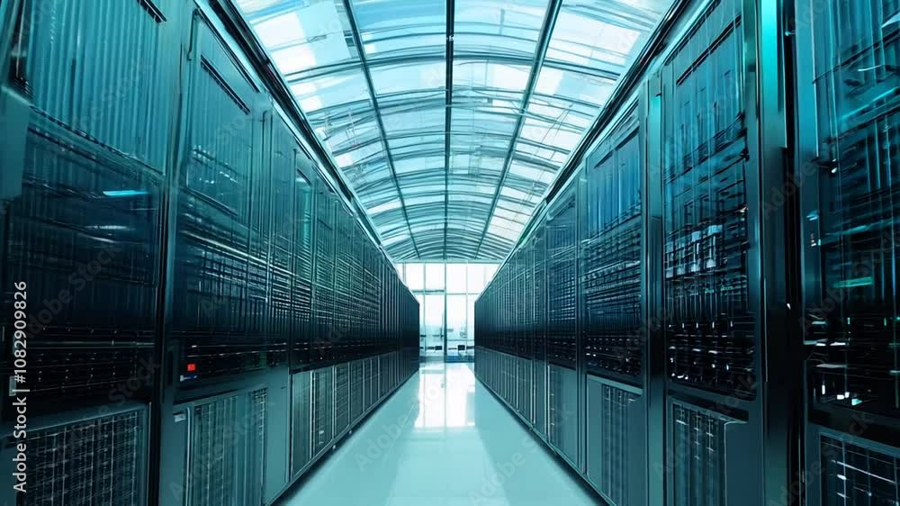 Poster exploring a modern data center with glass ceiling and server racks generative ai