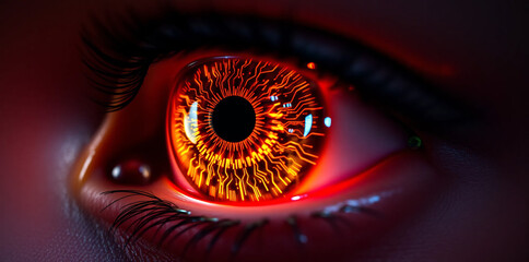 A captivating close-up of a human eye, with a vibrant iris displaying shades of fiery orange