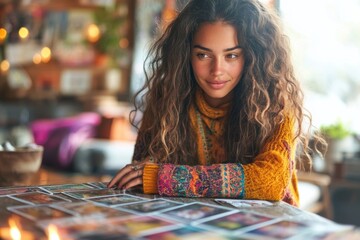 Fototapeta premium psychology and tarot, a modern young woman in a bright room is blending modern psychology with magical practices through tarot card readings