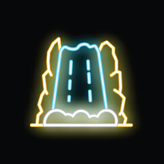 Bright neon sign depicting a waterfall cascading from a cliff